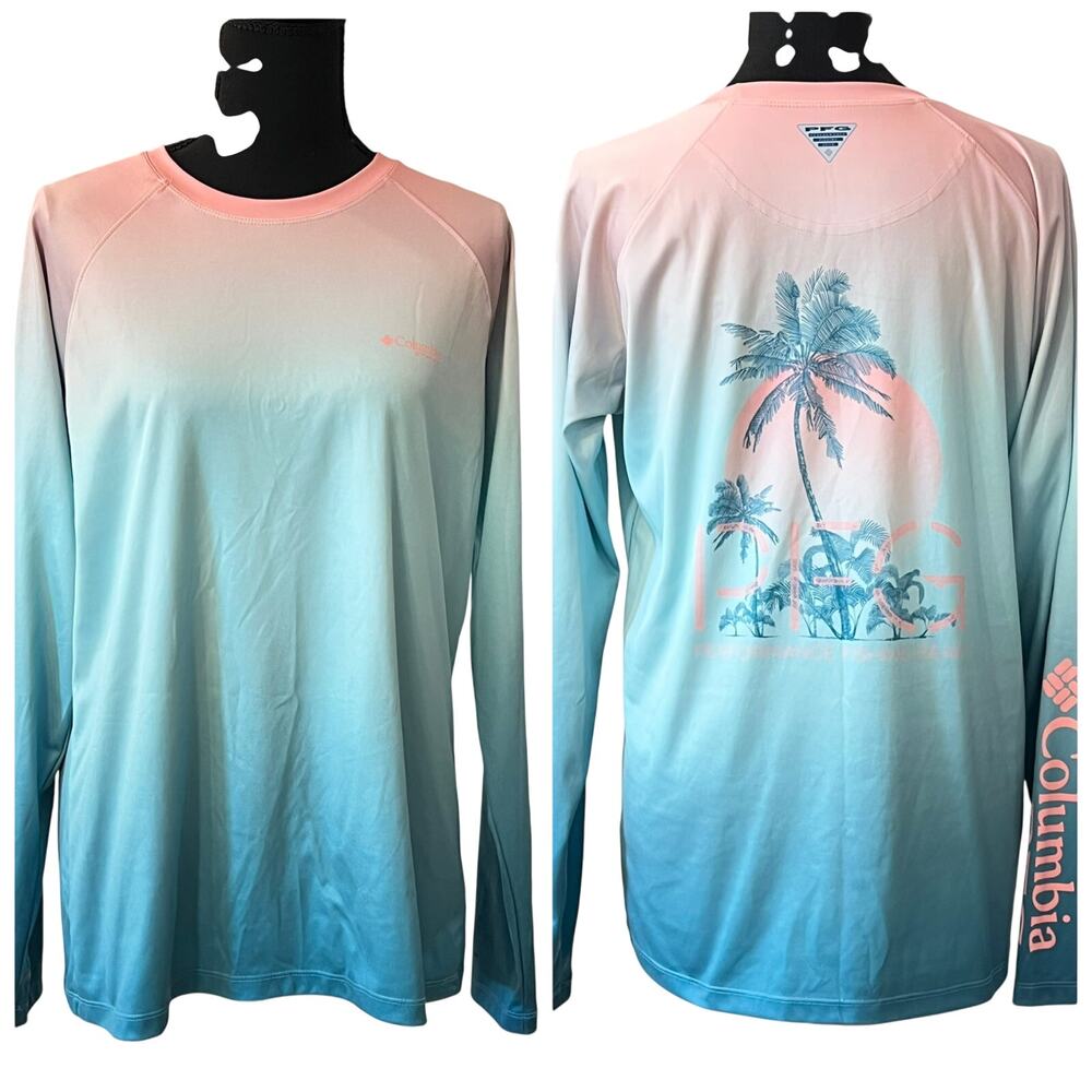 Columbia Omni Shade Tide Tee Palm Rise Womens L Long Sleeve Top SPF 50 Pink Blue
